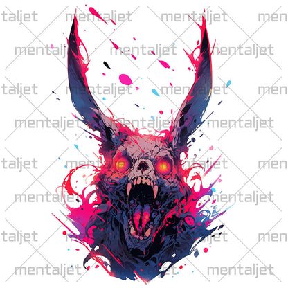 Bright splashes of paint, Apocalypse hare, Rabbit zombie, Red evil bunny eyes, Hellish skull, Crazy Pop Art illustration - White glossy mug