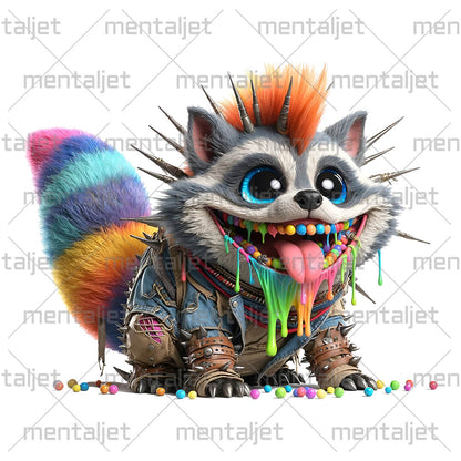 Cartoon crazy raccoon, Funny raccoon punk, Cool child gift, Sweet smiling raccoon, Little animals in PNG