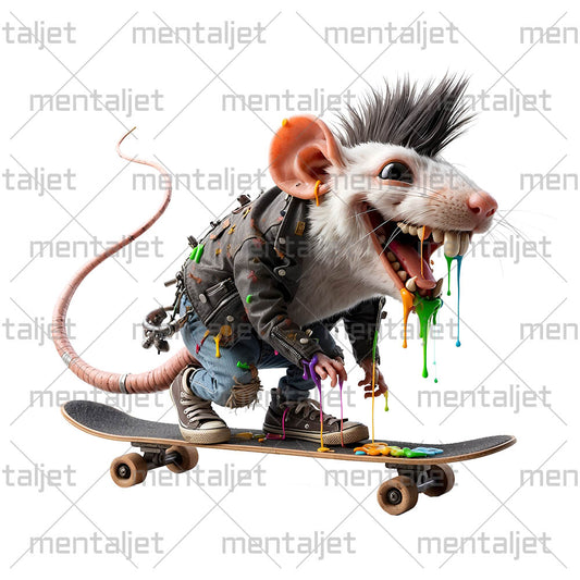 Punk rat on skateboard, Funny smiling rodent, Sweet pets, Urban sport and long tail, Cute small animal wearing leather jacket PNG
