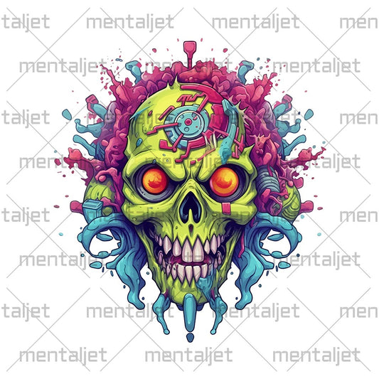 Hellish skull PNG, Electronic zombie, Colorful splashes, 2d game art, Cyberpunk futurism, Graffiti style illustration, Neon electric colors