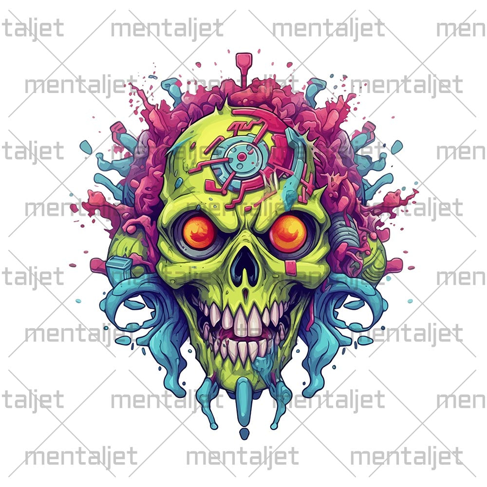 Hellish skull, Electronic zombie, Colorful splashes, 2d game art, Cyberpunk futurism, Graffiti style illustration, Neon electric colors - Unisex Hoodie