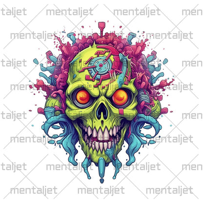 Hellish skull, Electronic zombie, Colorful splashes, 2d game art, Cyberpunk futurism, Graffiti style illustration, Neon electric colors - Unisex Hoodie