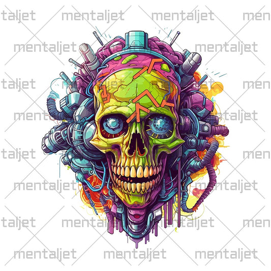 Graffiti style illustration, Hellish skull PNG, Electronic mind zombie, Neon electric colors, Cyberpunk realism, Detailed Pop Art sci-fi illustrations