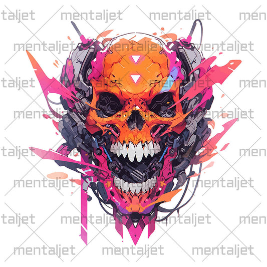 Cyber hellish technology, Cyberpunk illustration PNG, Orange cyber skull, Fantastic head bones, Horror fantasy mind