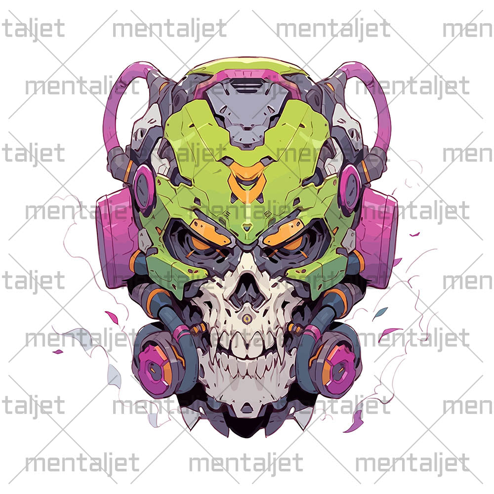 Cyberpunk illustration, Orange eyes and cyber skull, Fantastic cyborg head bones, Fantasy mind - White glossy mug