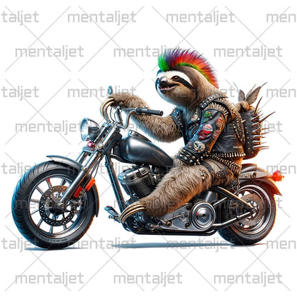 Sloth punk on motorbike, Cool animal motorcyclist, Road beast and motorcycle, Moto racing and speed, Biker animals PNG