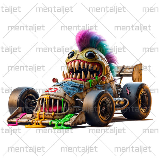 Funny monster car, Sportcar crazy punk, Horror motorsport, Mad racing and speed, Cartoon extreme vehicle in PNG