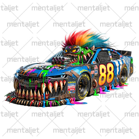 Racing car monster, Sportcar punk, Road beast, Motorsport horror, Supercar and crazy speed, Cartoon extreme vehicle in PNG
