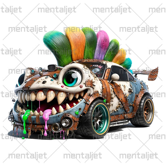 Cute muscle car punk, Cool sports car monster, Motorsport racing car and crazy speed, Cartoon extreme vehicle in PNG