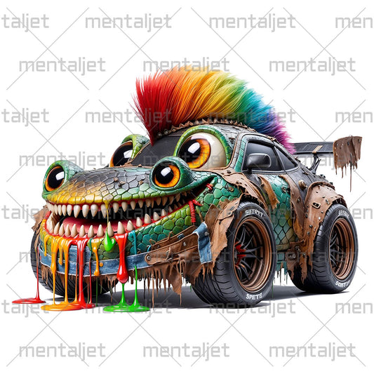 Funny reptile car and crazy speed, Cool sports car monster, Cute racing car punk, Smile cartoon extreme vehicle in PNG