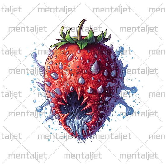 Fantastic predator in surrealism, Psychic strawberry, Zombie virus berry, Apocalyptic Pop Art, Horror illustration PNG, Water drops