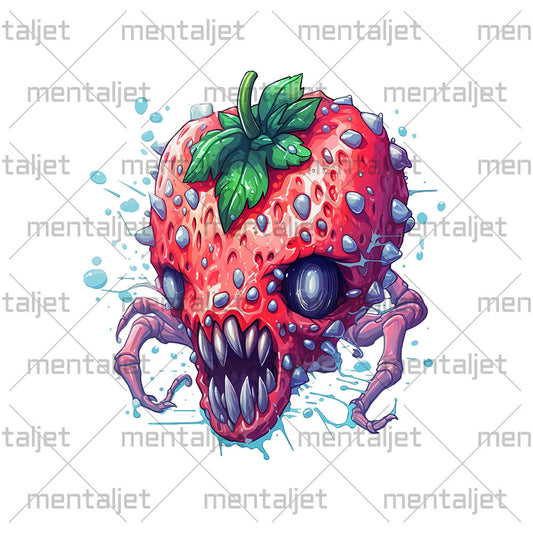 Psychic strawberry monster, Zombie virus berry, Fantastic predator in surrealism, Apocalyptic Pop Art, Horror illustration PNG, Water drops