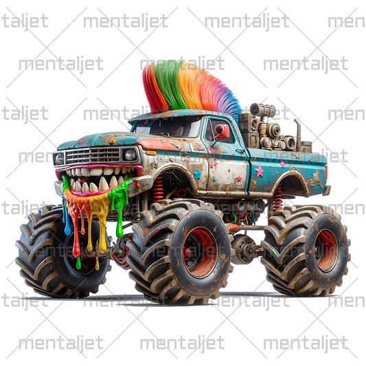 Cartoon pickup truck, Crazy offroad beast, Funny punk SUV, Smiling monster car, Big wheels PNG