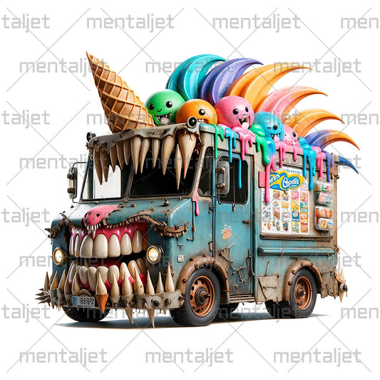 Ice cream truck monster, Mad punk van, Funny car and sweet wheels, Cute baby gift, Cartoon vehicle in PNG