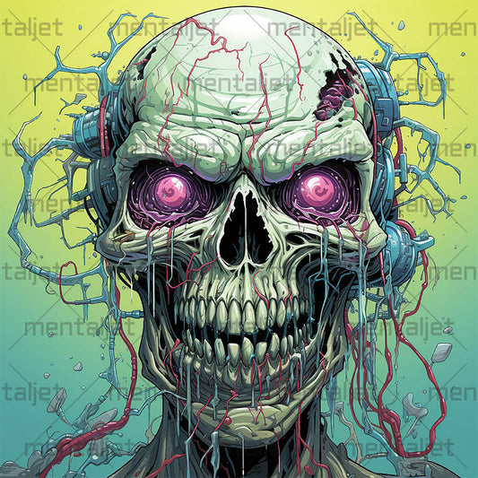 Cartoon skull with crazy look, Head bones with purple eyes, Cyberpunk zombie illustration PNG
