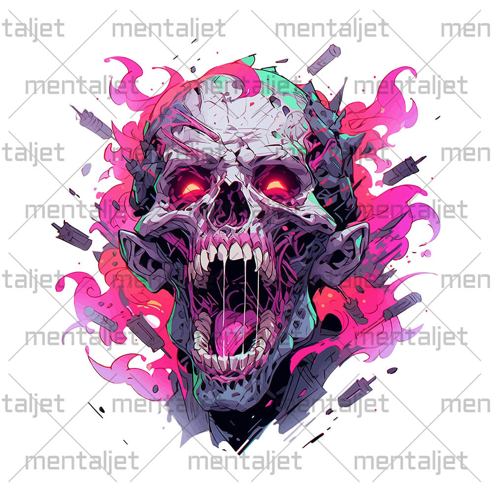 Horror funny fantasy, Roar zombie, Crazy zombie illustration, Skull with red eye, Fantastic head bones - White glossy mug