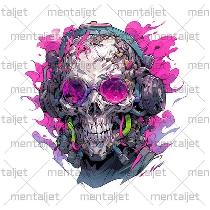 Cyber zombie in pink glasses, Crazy zombie illustration, Horror music fantasy, Cyberpunk skull in headphones, Fantastic head bones - White glossy mug