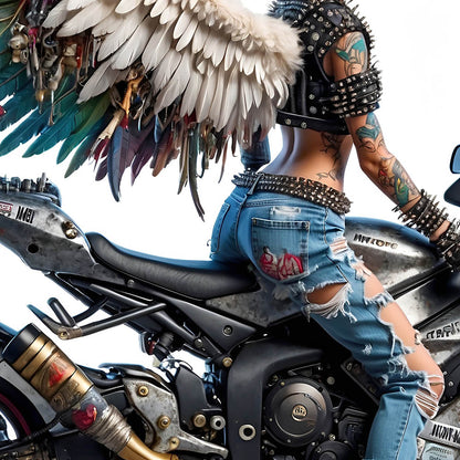 Angel on sport bike, Motorcycle legend, Fantasy rider, Angel girl punk motorcyclist, Wings over road, Moto racing and speed, Fairy biker PNG
