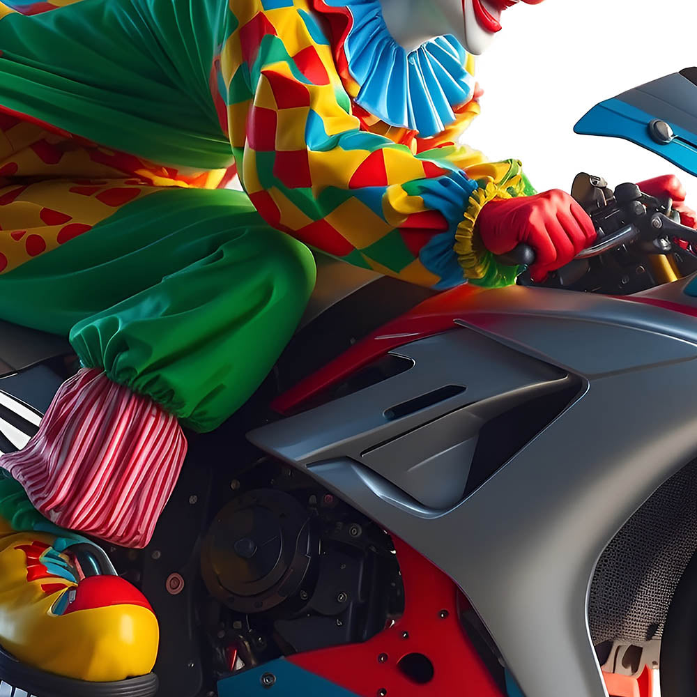 Clown on sport bike, Motorcycle show, Road circus, Funny motorcyclist, Comical rider, Moto racing and speed, Bikers in PNG