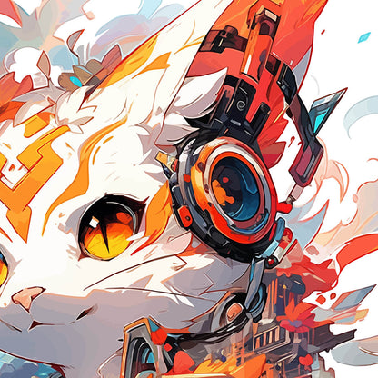 Cyberpunk manga, White fox head in headphones, Pop Art style illustration with cyber animal face - White glossy mug