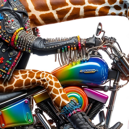 Giraffe punk on motorcycle, Long neck road beast, Cool animal motorcyclist, Moto racing and speed, Biker animals PNG