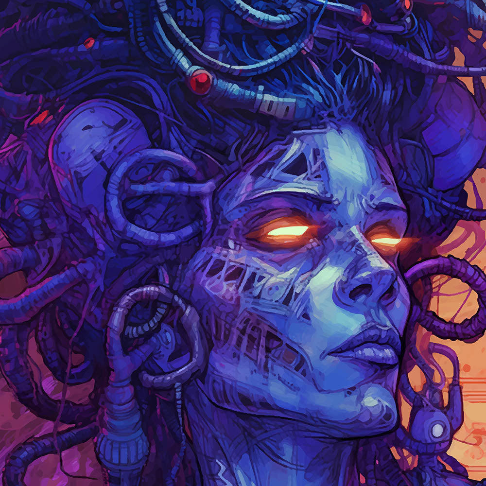 Cyber Medusa Gorgon in cyberpunk futurism style, Hyper detailed illustrations, Fantasy realism, Dark azure and bronze, Woman Structured chaos, Fantastic girl techno witch - Stainless steel tumbler