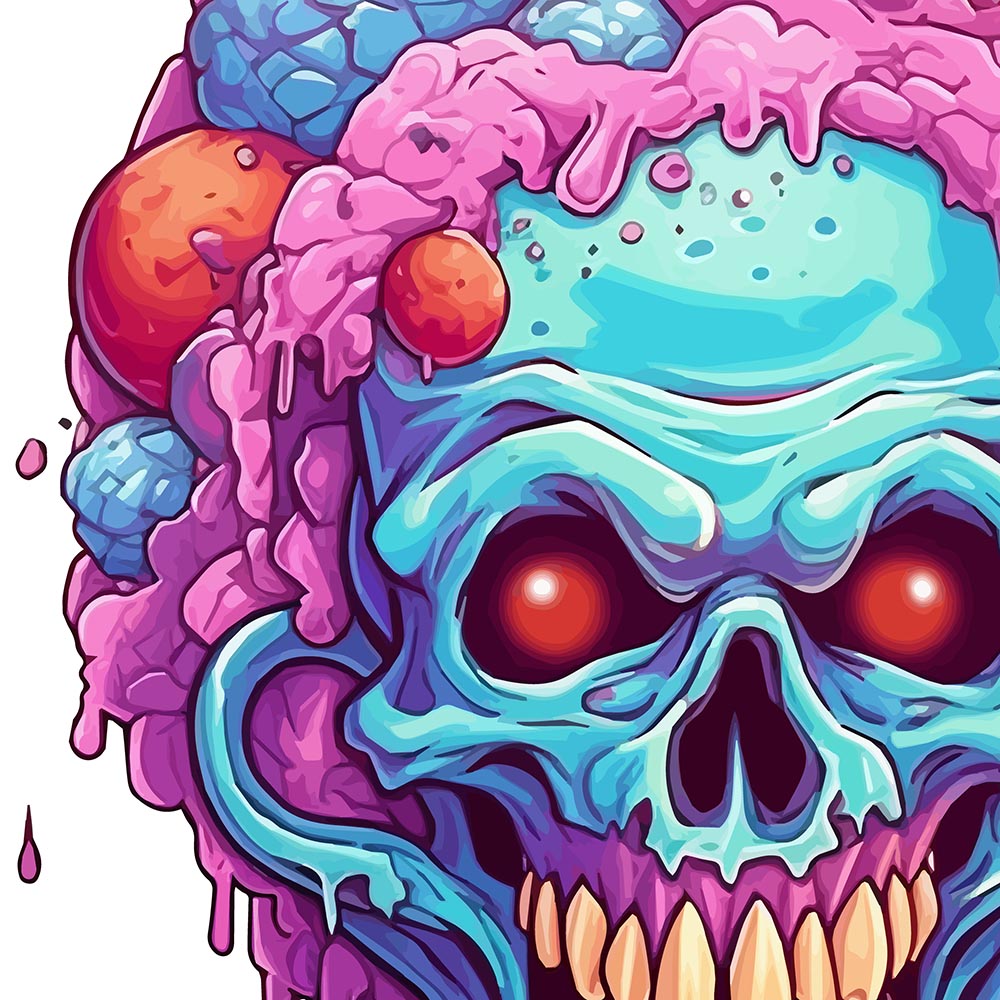 Skull head that has a purple and blue candy, Ice cream skull and red eyes, Pop Art illustration PNG, Cartoon skull with crazy hair and dripping cola