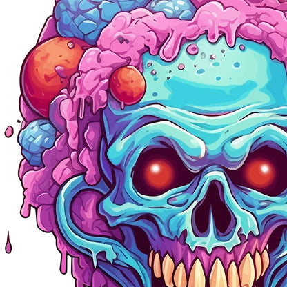 Skull head that has a purple and blue candy, Ice cream skull and red eyes, Creepy clown, Cartoon skull with crazy hair and dripping cola - White glossy mug