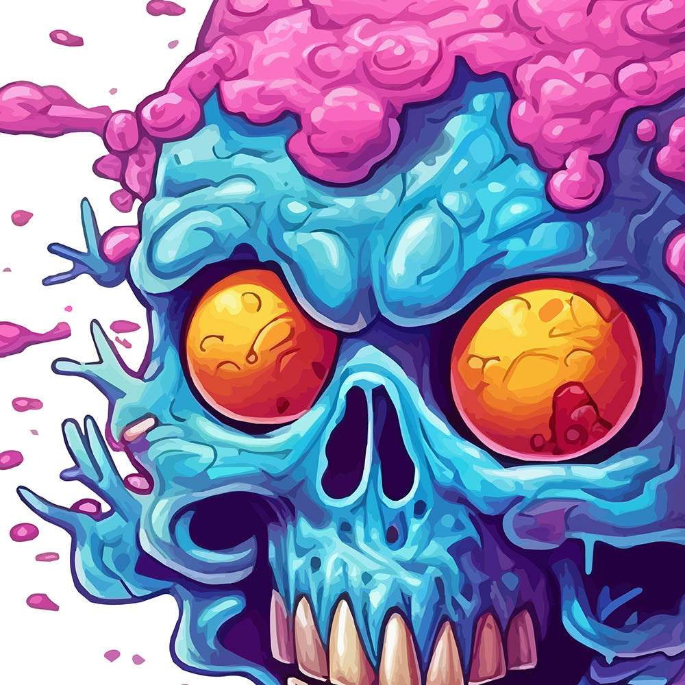 Ice cream cartoon skull, Yellow candy eyes, Purple and blue head bones, Pop art style illustration PNG, Crazy hair and dripping ice cream