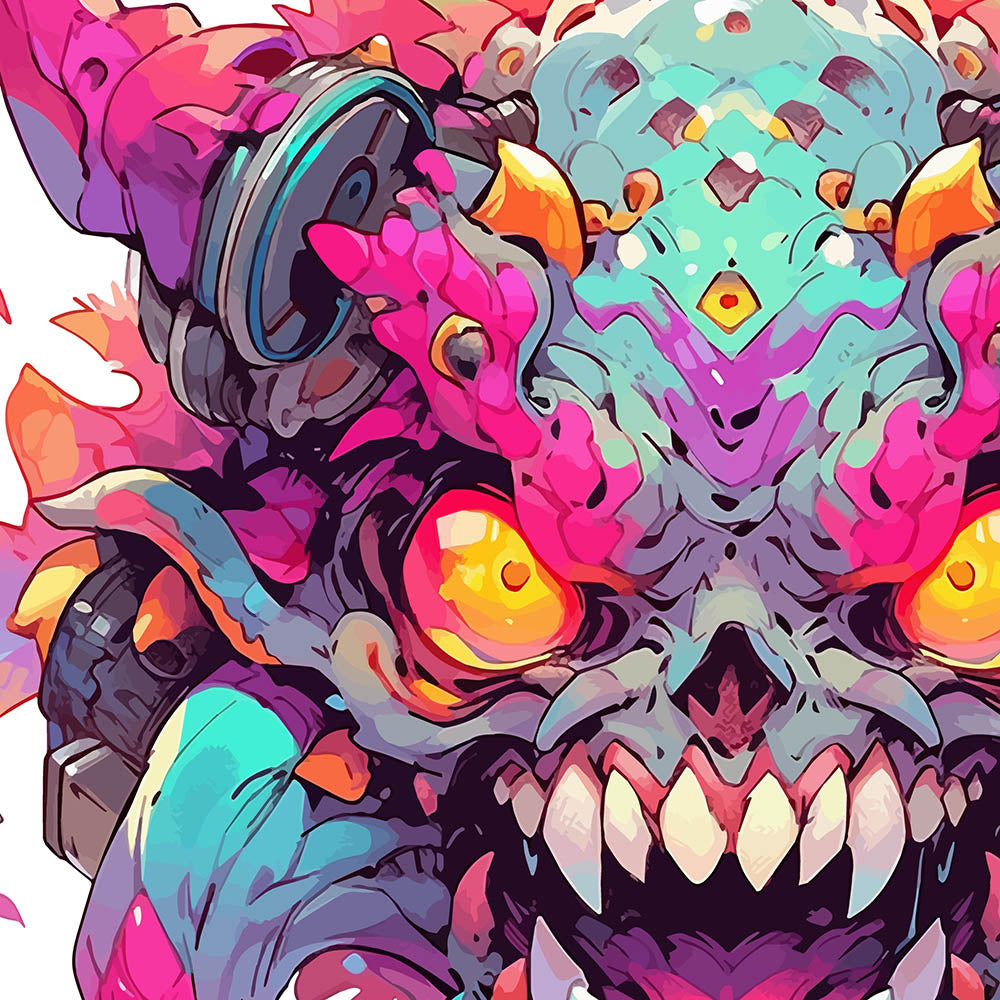Horned and toothy monster, Crazy colorful illustration PNG, Fantastic yellow evil eyes, Wild mutant