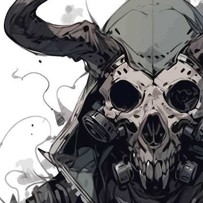 Horror fantasy, Anime cyberpunk illustration PNG, Manga style skull in gas mask, Fantastic monster head bones with horns