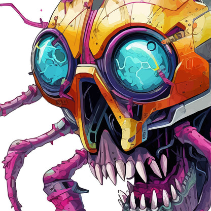 Crab cyber monster, Blue eyes, Detailed cyberpunk illustration PNG, Neon electric colors, Electronic spider zombie