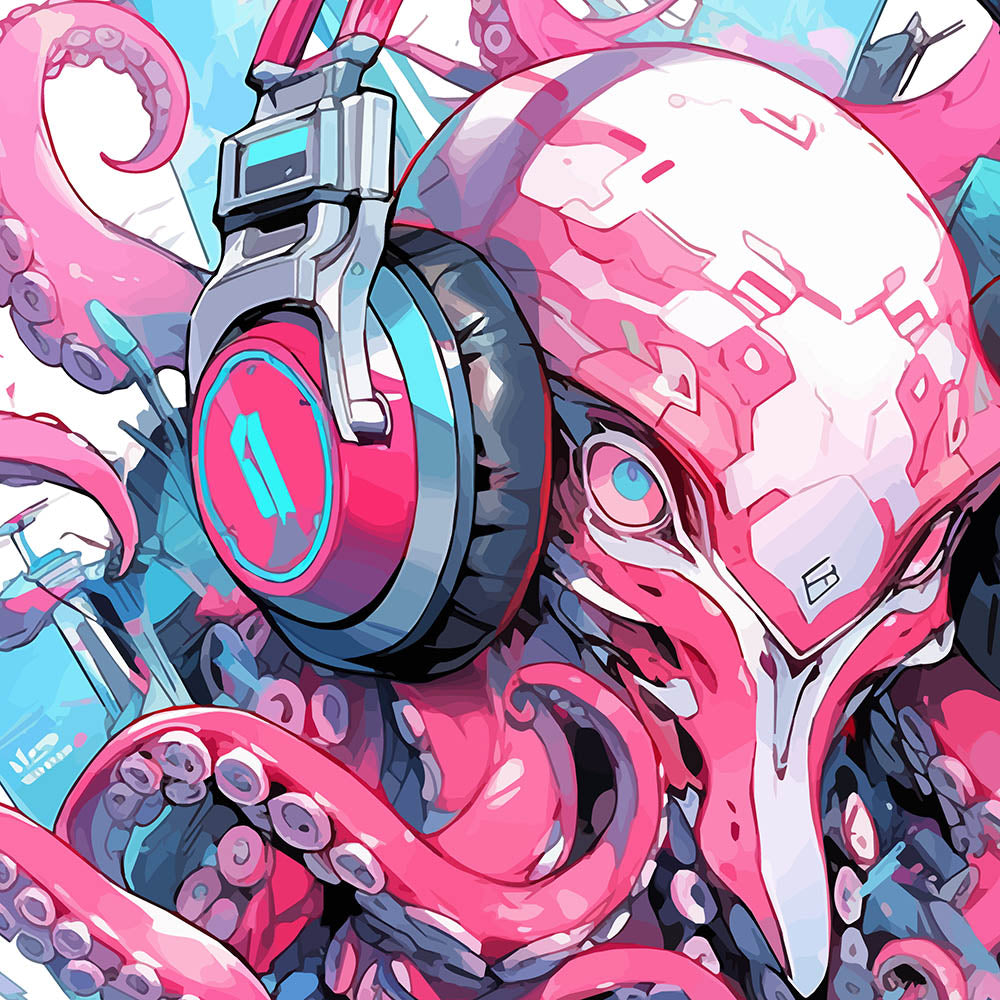 Cyber octopus in headphones, Cyberpunk manga illustration, Animals fantastic and music, Fantasy cyber mutant - White glossy mug
