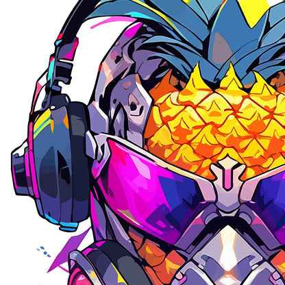 Cyber pineapple in headphones and pink glasses, Fantastic fruit cyborg head, Pop Art fantasy mutant - White glossy mug