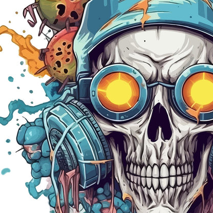 Apocalyptic visions, Skull in glasses, Zombie virus mind, Fantasy electronic, Cyberpunk futurism, Graffiti style illustration