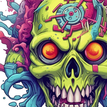 2d game art, Hellish skull, Electronic zombie, Colorful splashes, Cyberpunk futurism, Graffiti style illustration, Neon electric colors - White glossy mug