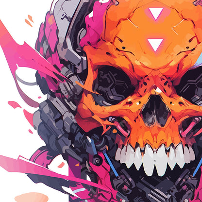 Cyber hellish technology, Cyberpunk illustration, Orange cyber skull, Fantastic head bones, Horror fantasy mind - White glossy mug