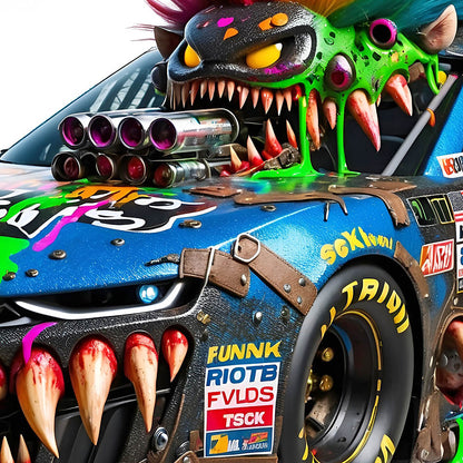 Racing car monster, Sportcar punk, Road beast, Motorsport horror, Supercar and crazy speed, Cartoon extreme vehicle in PNG