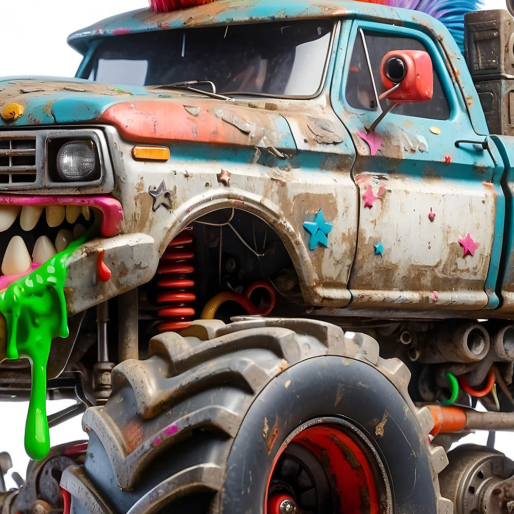 Cartoon pickup truck, Crazy offroad beast, Funny punk SUV, Smiling monster car, Big wheels PNG