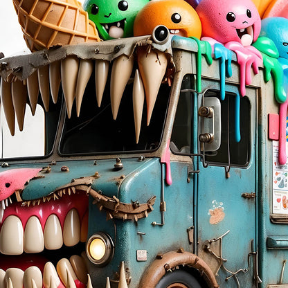 Ice cream truck monster, Mad punk van, Funny car and sweet wheels, Cute baby gift, Cartoon vehicle in PNG