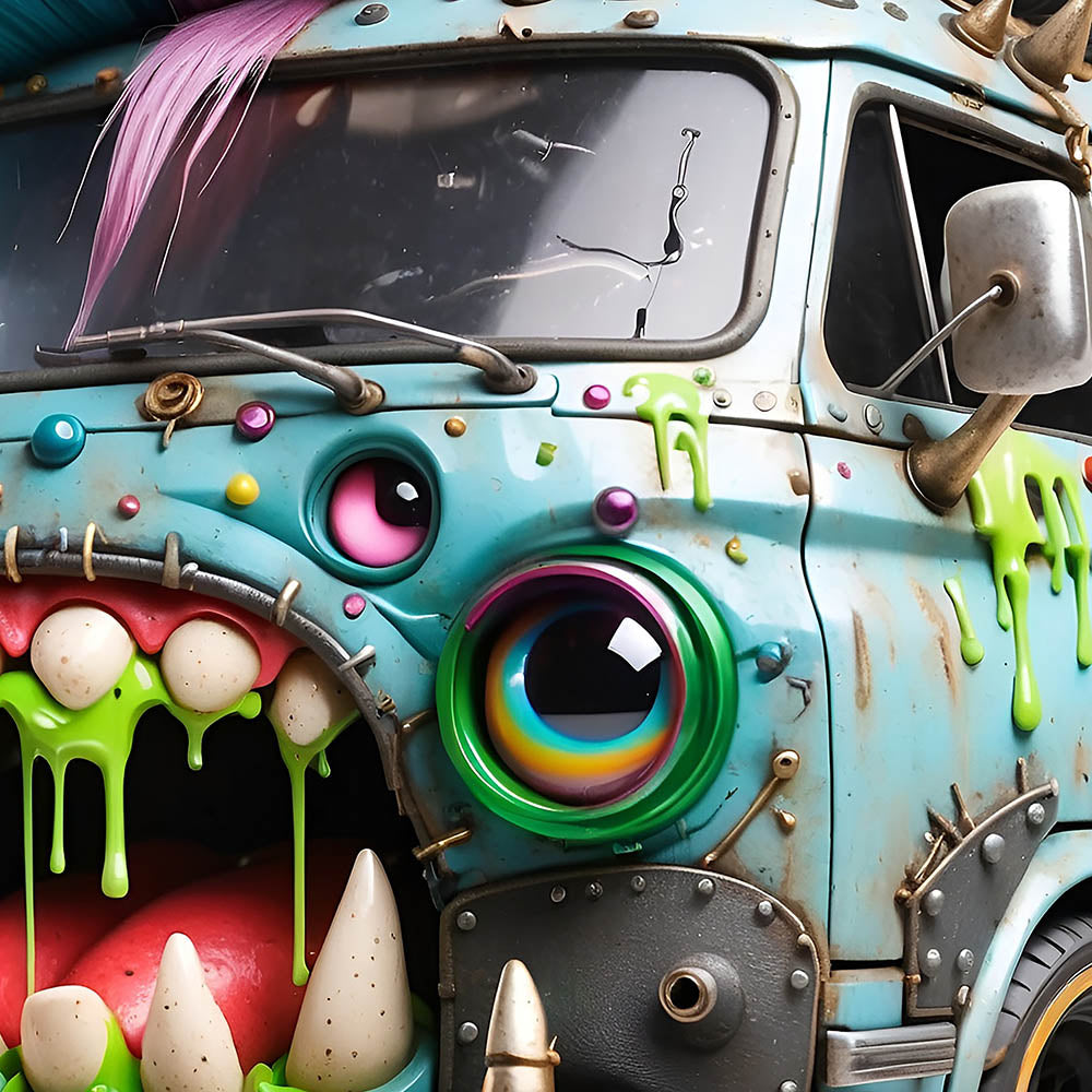 Cartoon minivan, Truck monster, Funny car and colorful hair, Cute baby gift, Crazy punk vehicle in PNG