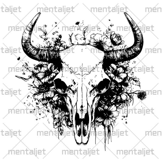 Bull portrait with horns, Bull skull in flowers, Flowers illustration, Printable SVG and PNG, Bull skull art for tshirt