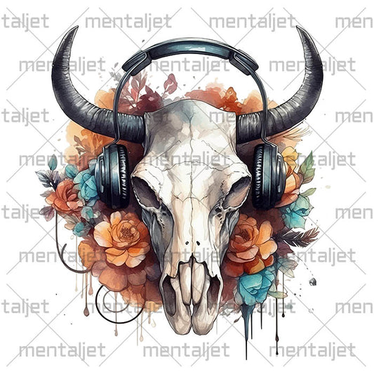 Bull skull in headphones and flowers art, Flowers watercolor illustration, Portrait bull skull, PNG printable