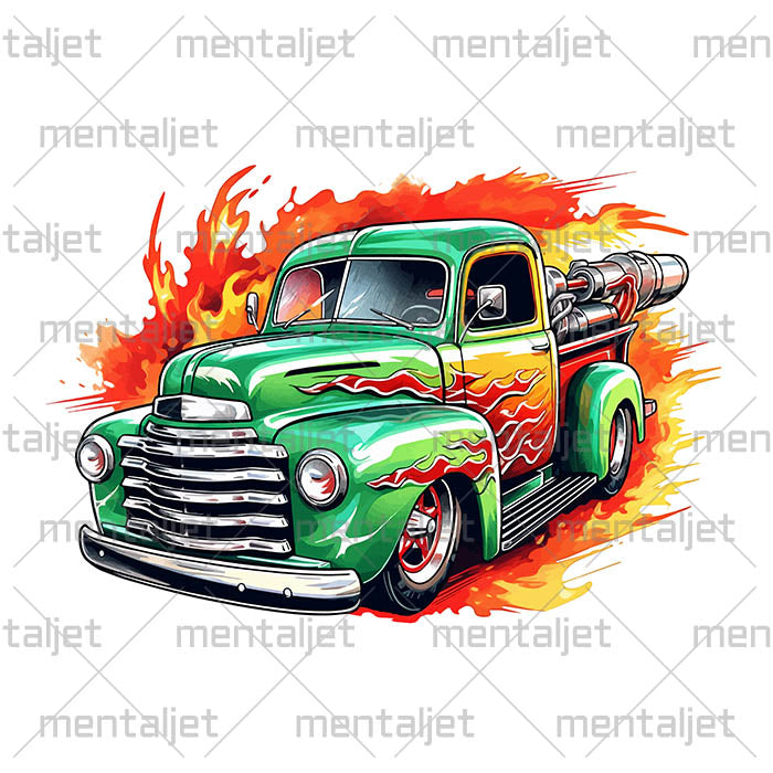 American classic pickup, Truck PNG, Rocket car in flame, Fiery road, Hot rod, Speed and fire, Digital illustration, Sublimation designs downloads