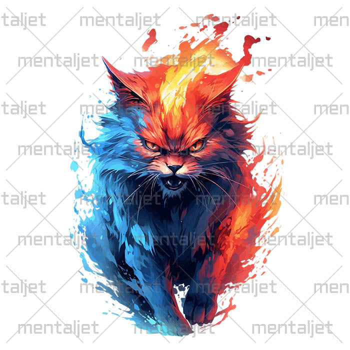 Cat on fire, Angry wild cat with red eyes, Fluffy predator in red and blue flames, Soft hot paws and whiskers and claws - Men's classic tee