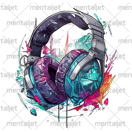 Crystal and headphones illustration, Fantasy art composition, Walk with music, PNG sublimation design, Fantasctic illustration