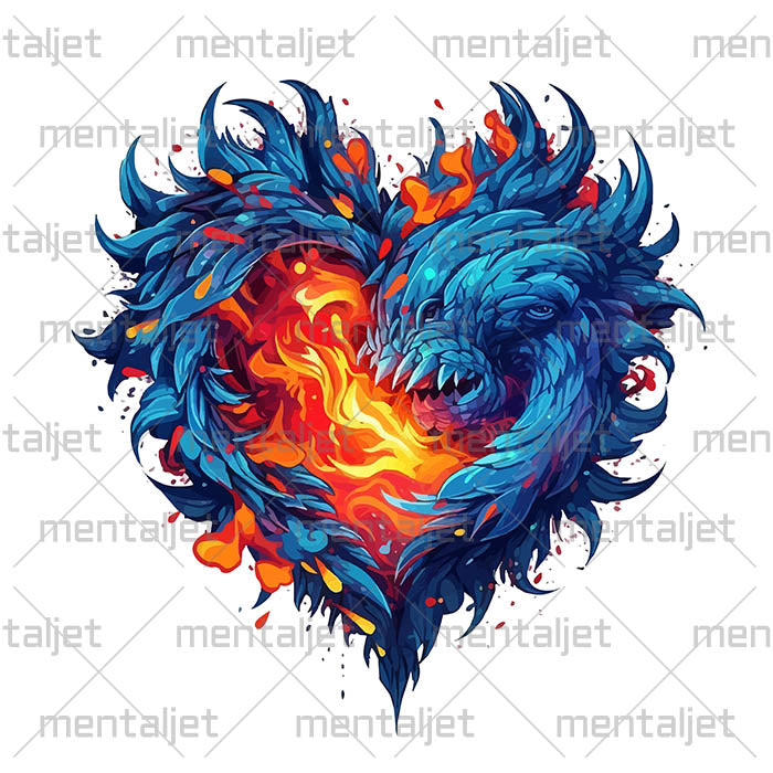 Azure and aquamarine monster heart with fire inside, Love flame in dragon heart, Hot and bright manga style - Unisex t-shirt