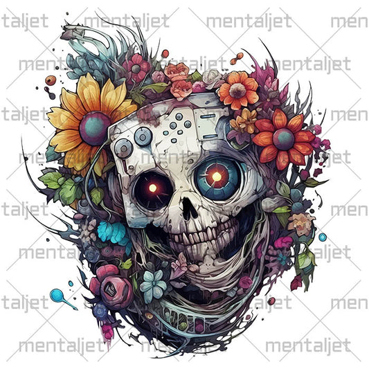 Monster skull and flowers art, Hi-tech and cyberpunk design, Fantastic illustration, Mutant skull for wall and t-shirt art