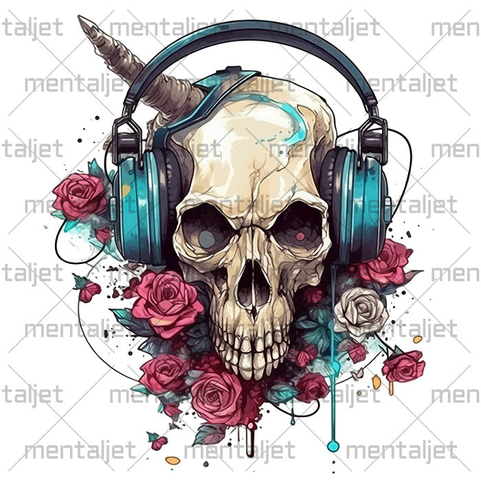 Fantastic portrait monster, Fantasy illustration, Skull in headphones and flowers, Mutant skull - White glossy mug
