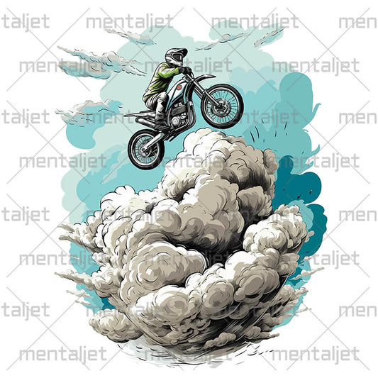Gift for a motorcyclist, Motorcycle illustration, Illustration motorbike, Jump above the clouds, Gift for moto race and speed lovers